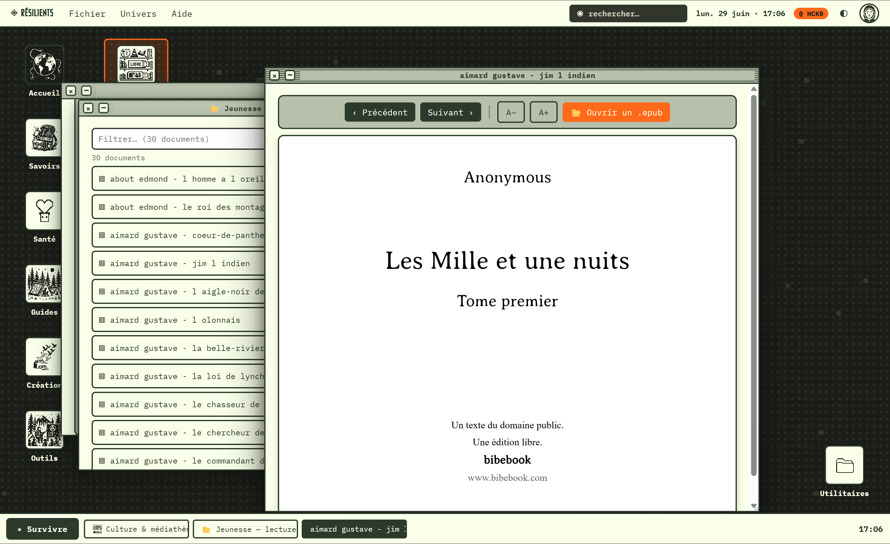 La liseuse intégrée de l’OS affichant « Les Mille et une nuits »