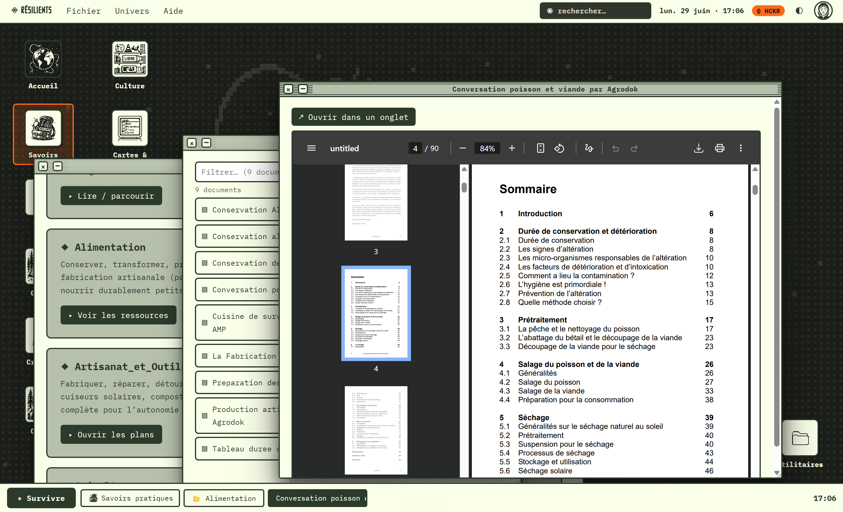Lecteur de documents PDF avec sommaire et navigation, dans l’OS Résilients